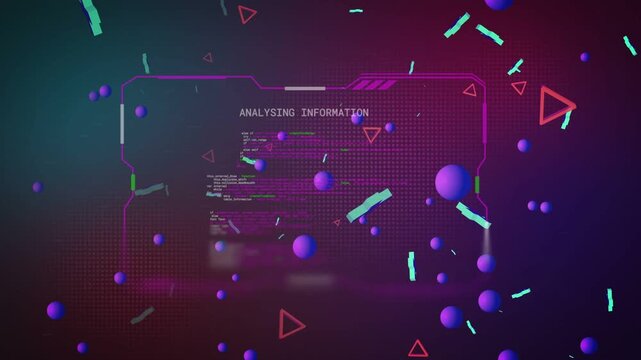 Camera panning starting neon HUD, purple orbs drifting and cyan pluses moving, showing analysis