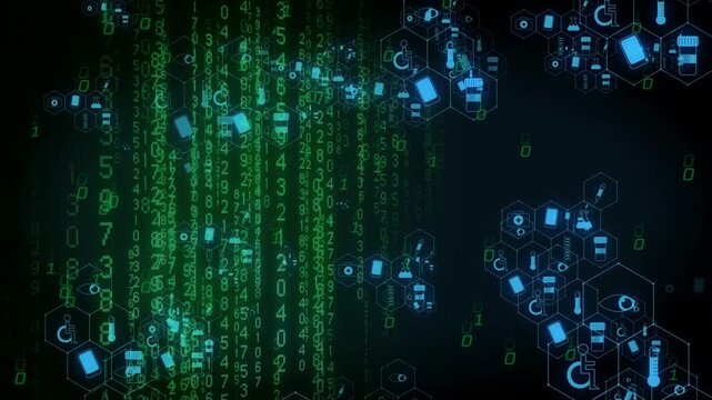 Left surge starting vertical green digits falling, joining blue hexes, feeding medtech network