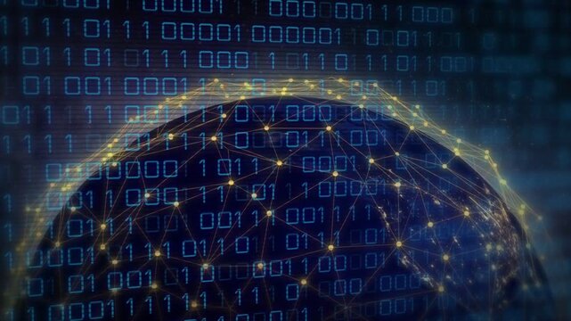 Camera rising, revealing Earth half, gold nodes blinking, arcs sweeping, binary showing data flow