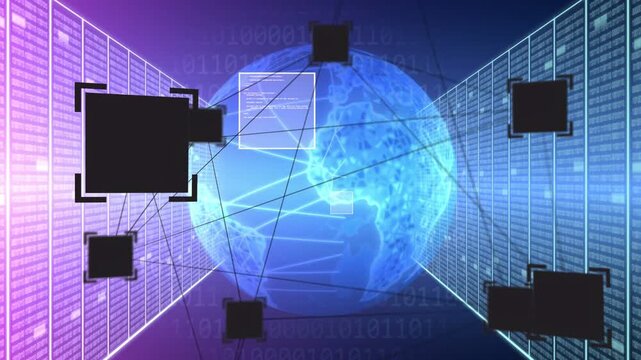 Node pulsing, glowing globe centering, nodes linking toward globe, servers sliding, showing network