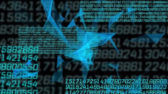 When blurred numbers filling back, blue mesh floating, weaving through teal panels, showing data