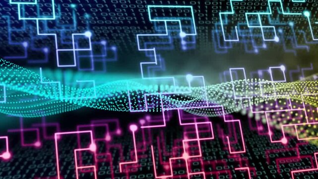On start dotted ribbon undulating shifting color as neon traces pulsing mapping data on binary grid