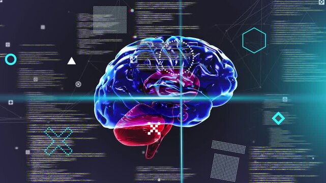 On load 3D brain appearing left center, rotating, scanning, pulsing while HUD code analyzing data