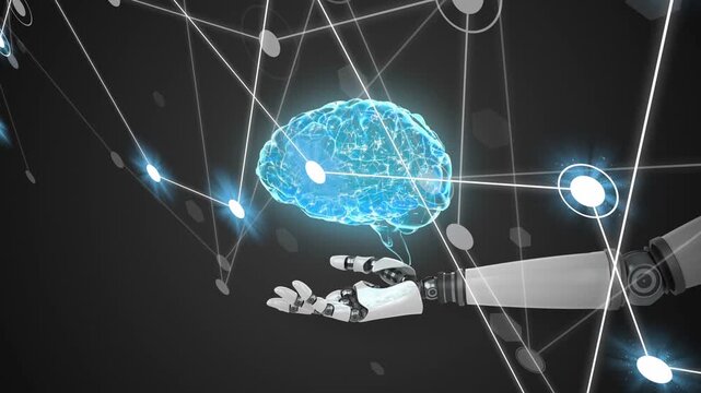 Nodes rising upper-left starting blue lights, robotic hand entering cupping holo brain showing data