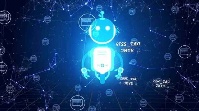 Luminous arcs sweeping from right, blue robot pulsing, eyes narrowing, highlighting chat icons
