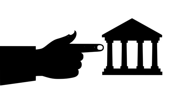 Business investment banking concept flat vector with hand pointing to financial institution icon