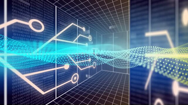Camera moving, starting data ribbon growing and flowing left to right, lighting circuit glyphs