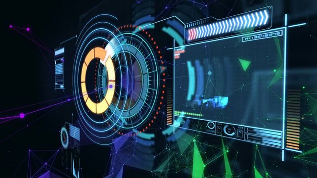 on load multilayer radial HUD emerging, rotating rings, filling sector, sliding panel showing data