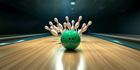 Green bowling ball hits pins on lane, action shot with flying pins.