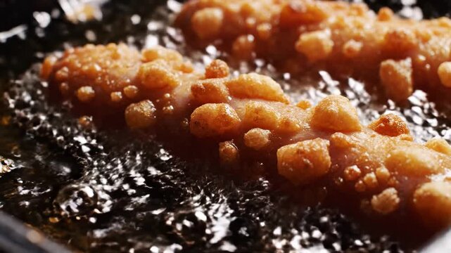 Close up of pork belly skin frying in hot oil to make crispy crackling.