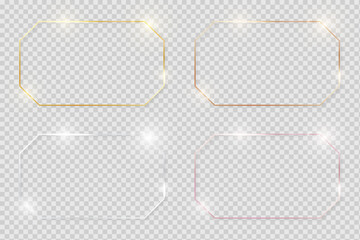 Naklejka premium Yellow and pink gold, silver and bronze shiny glowing vintage frames with shadows pack isolated on transparent background. Golden luxury realistic horizontal rectangle art borders. Vector illustration
