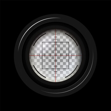 Photorealistic detailed sniper rifle scope aim isolated on black background. Crosshair holographic sight. Aim shoot focus cursor. Bullseye mark targeting. Game aiming sight dot pointer. Vector