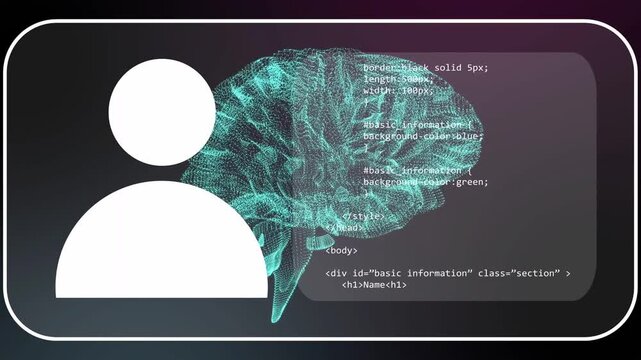 On open avatar appearing, cyan wireframe brain rotating, UI panel scrolling, revealing profile