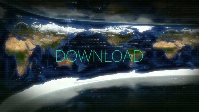 Equirectangular map getting neon-green glitch spike clearing lines sharpening dots showing DOWNLOAD