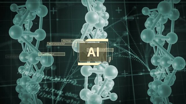 Incoming prompt panels emerging and linking to gold AI module, helices rotating, showing bio data