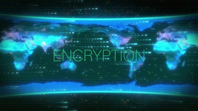 Flat world map showing ENCRYPTION, green glitch burst sweeping left-to-right, simulating security