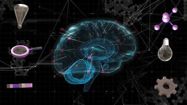 On load cyan hologram brain rotating, pulsing markers, shifting labels inward, mapping neural data