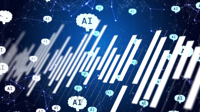 On left sweep white bars sliding right, AI clouds rising, nodes pulsing, showing AI data flow