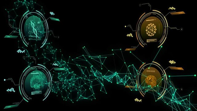 Teal node cluster appearing, teal and gold HUD rings expanding, pulsing, linking bio data