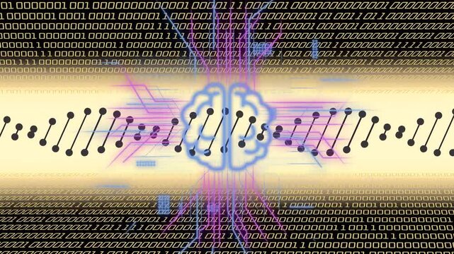 Circuitry streams emerging, central data band pulsing, brain icon glowing, visualizing neural flow