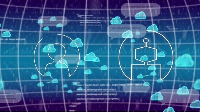 Arcs starting from sides drawing avatars while cyan clouds drifting showing user and AI coexisting
