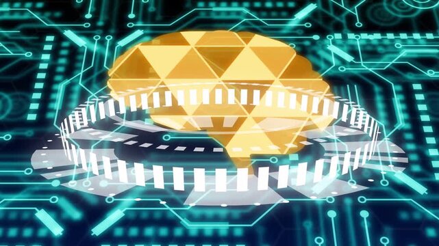 On play golden faceted brain floating, rotating tilting as split ring scanning showing data flow