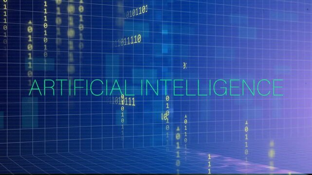 Green glitch sweeping binary streams rising and fading, revealing turquoise ARTIFICIAL INTELLIGENCE
