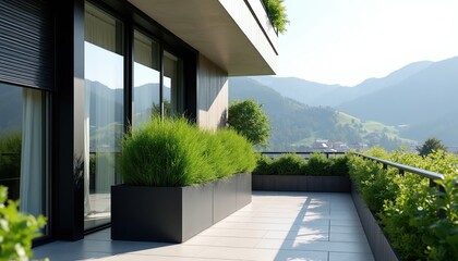 Obraz premium Modern apartment terrace with green plants in rectangular pots. Panoramic view of mountain village and hills. Outdoor living space with balcony railing. Sunny day, clear sky.