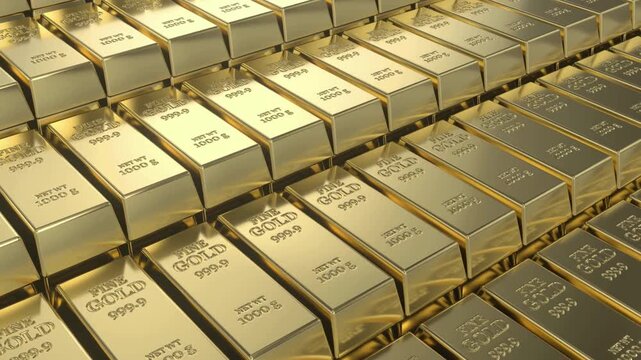3D Render of Fine Gold Bars Stacked in a Row Wealth and Finance Concept
