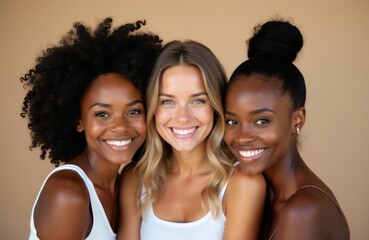 Fototapeta premium Three smiling diverse women in white tops, posing together closely against a neutral background. Their expressions convey joy and unity, representing friendship and beauty.