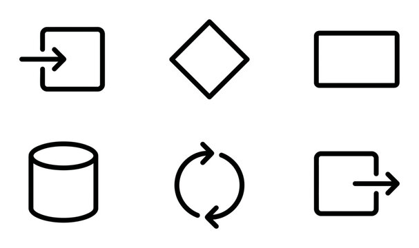 Six outline process flow diagram icons, including login, logout, database, refresh, decision, and rectangle shapes, for business workflow applications.