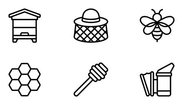 6 beekeeping outline icons set, apiary tools, honey production, farm agriculture, food industry