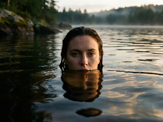 Fototapeta premium Woman partially submerged in misty lake at dawn