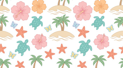 Cheerful Summer Holiday Seamless Pattern with Adorable Sea Creatures, Tropical Flora, and Island Scenery - Exotic Vector Illustration for Warm Season Designs © Pronob Kumar Ray
