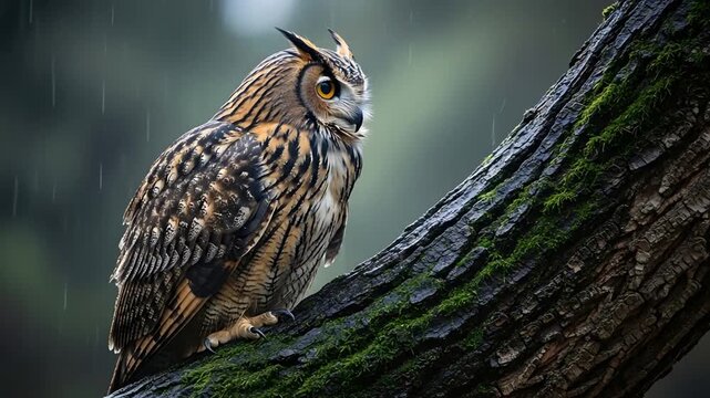Rain falls softly on a mossy tree branch. Majestic owl perches, eyes fixed forward. Its feathers blend with earthy tones of bark and green. The owl appears calm, undisturbed by the downpour