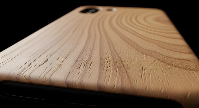 Close-up of a wooden phone case with natural grain patterns
