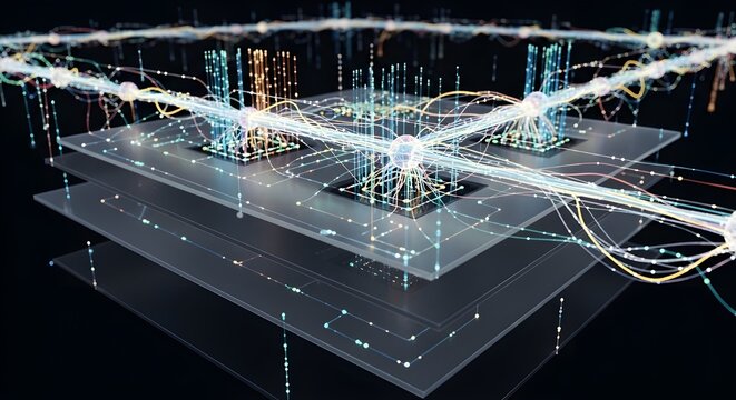 Abstract digital network with glowing data streams and layered technology