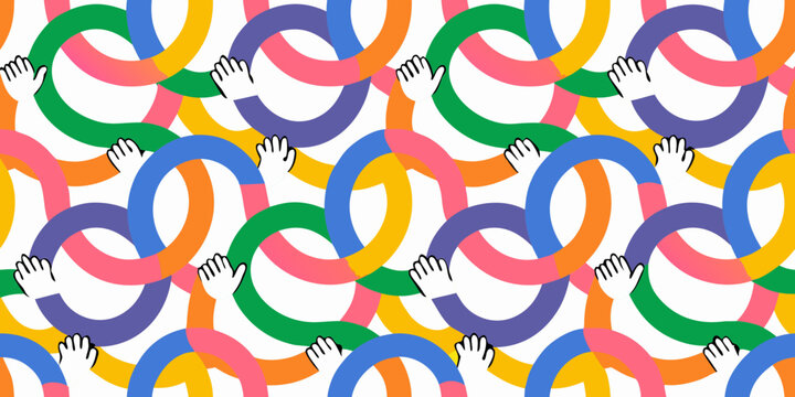 Seamless pattern of hands linked in colorful circular chains