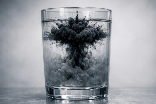 A glass containing murky water with a dark substance suspended inside, ideal for illustrating uncertain or unclear situations