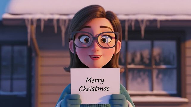 Young girl holds "Merry Christmas" note. She smiles warmly in snowy winter scene. Icicles hang from roofline behind her. Glasses frame her bright, cheerful expression