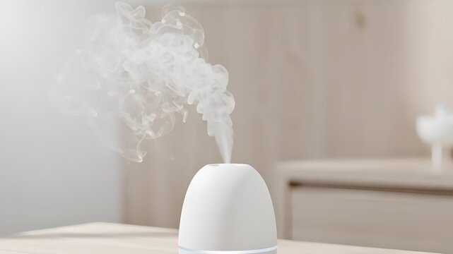 White aroma diffuser releasing steam in minimalist home interior