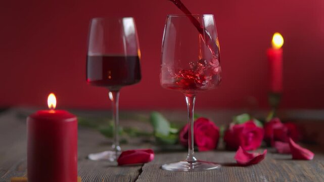 Elegant red wine pouring into a stemware glass on a rustic wooden table. Romantic atmosphere with red candles and roses. Perfect for Valentine's Day, celebrations, and cozy evenings
