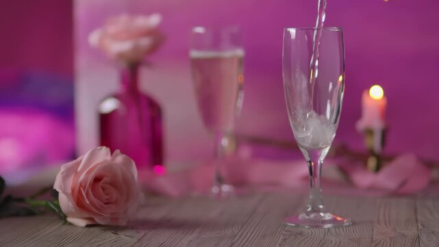 Beautiful sparkling white wine being poured into a glass on a wooden table surrounded by candles and roses. Slow-motion rose petals falling create a magical romantic atmosphere. Valentine's Day.
