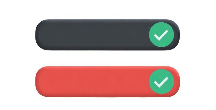 Modern toggle switch buttons with checkmark icons in black and red colors