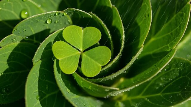 Green clover rests in leaf spiral. Dew beads glisten on broad leaves. Nature's quiet beauty, captured in detail. Ideal for luck, spring, or nature themes. Calm, fresh, and subtly hopeful atmosphere