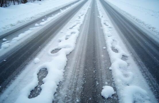 Footprints and tire tracks mark a snowy slushy asphalt road. The wet ground shows winter weather conditions. Snow piles up on the road edges. Cold weather travel.