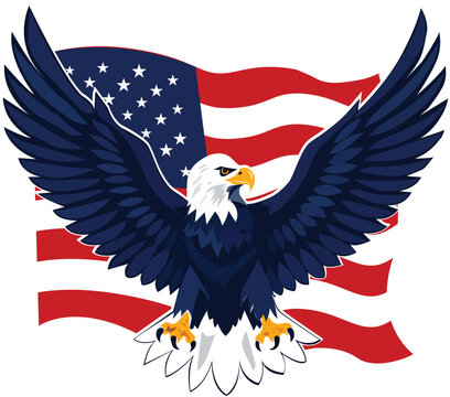 American bald eagle spreads wings in front of waving us flag with american symbol national anthem