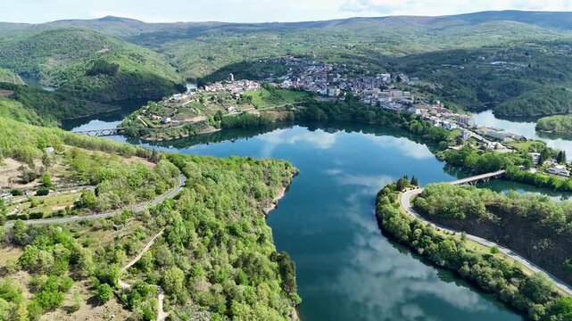 Aerial view of viana do bolo town and lake in galicia spain
