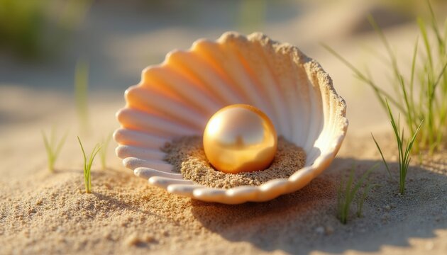 Open clam shell rests on sand golden pearl inside. Illustration shows treasure discovery concept. Wealth success rarity beauty. Macro closeup highlights gem shine against beach backdrop.