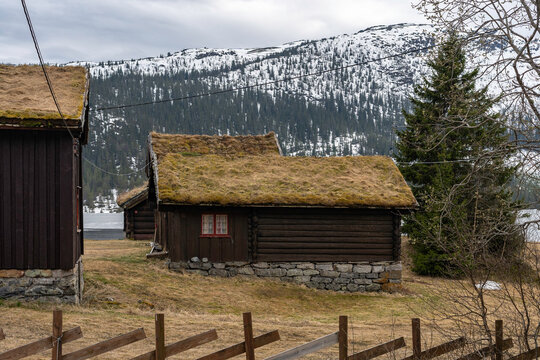 Ancient Norwegian wooden house with a grass roof, nestled in stunning natural mountains landscape. Traditional Scandinavian architecture. Foundation is made of large stones. The house is surrounded by